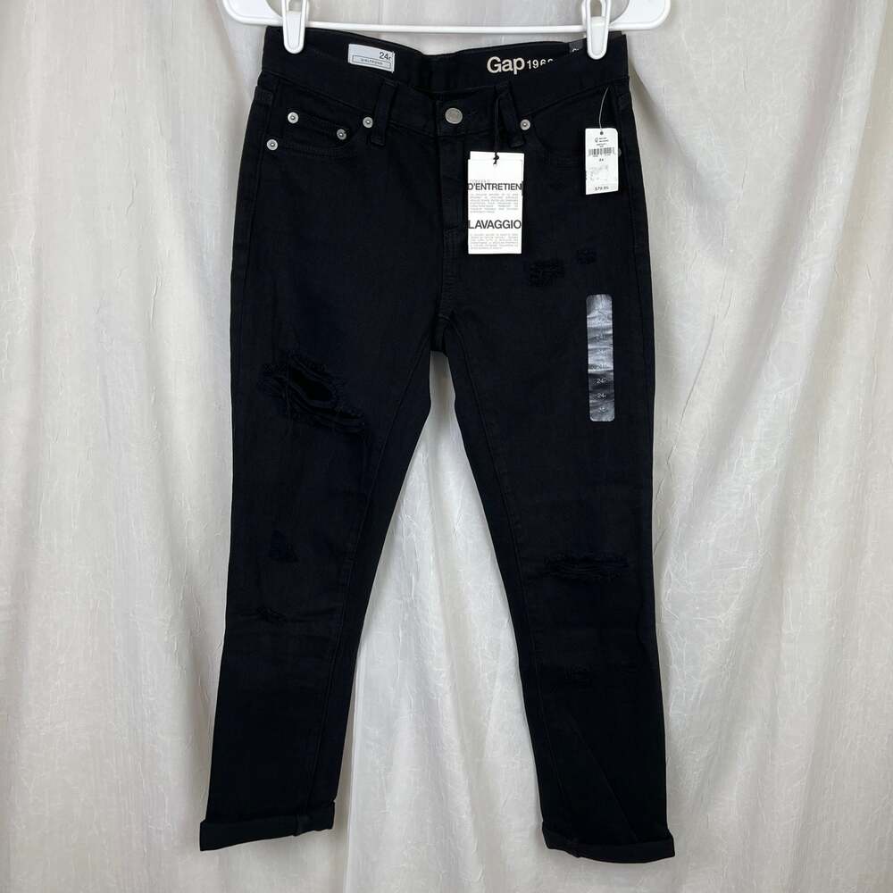 Gap 1969 Black Ripped Girlfriend Denim Jeans Size 24r Distressed Rolled Cuff NWT